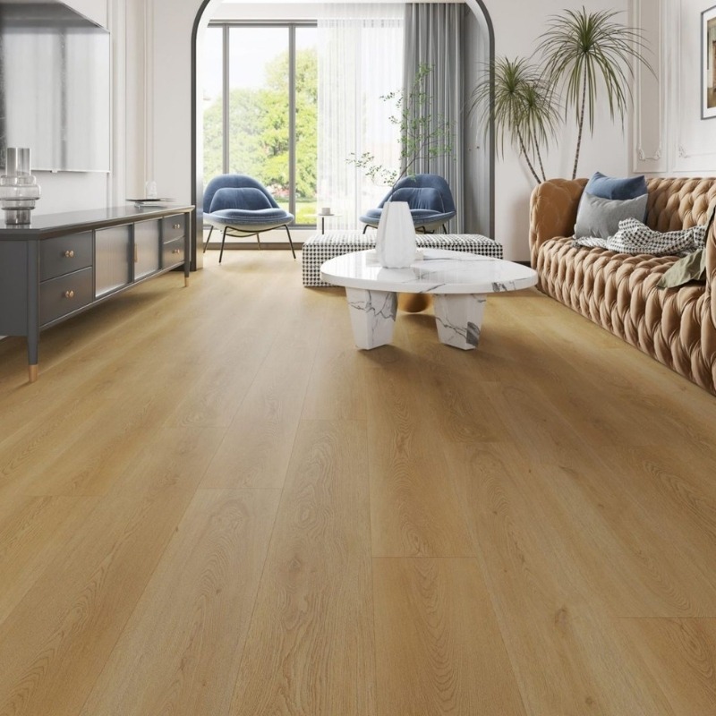 Premium hybrid flooring installation in Melbourne living room, showcasing elegance and quality finish.